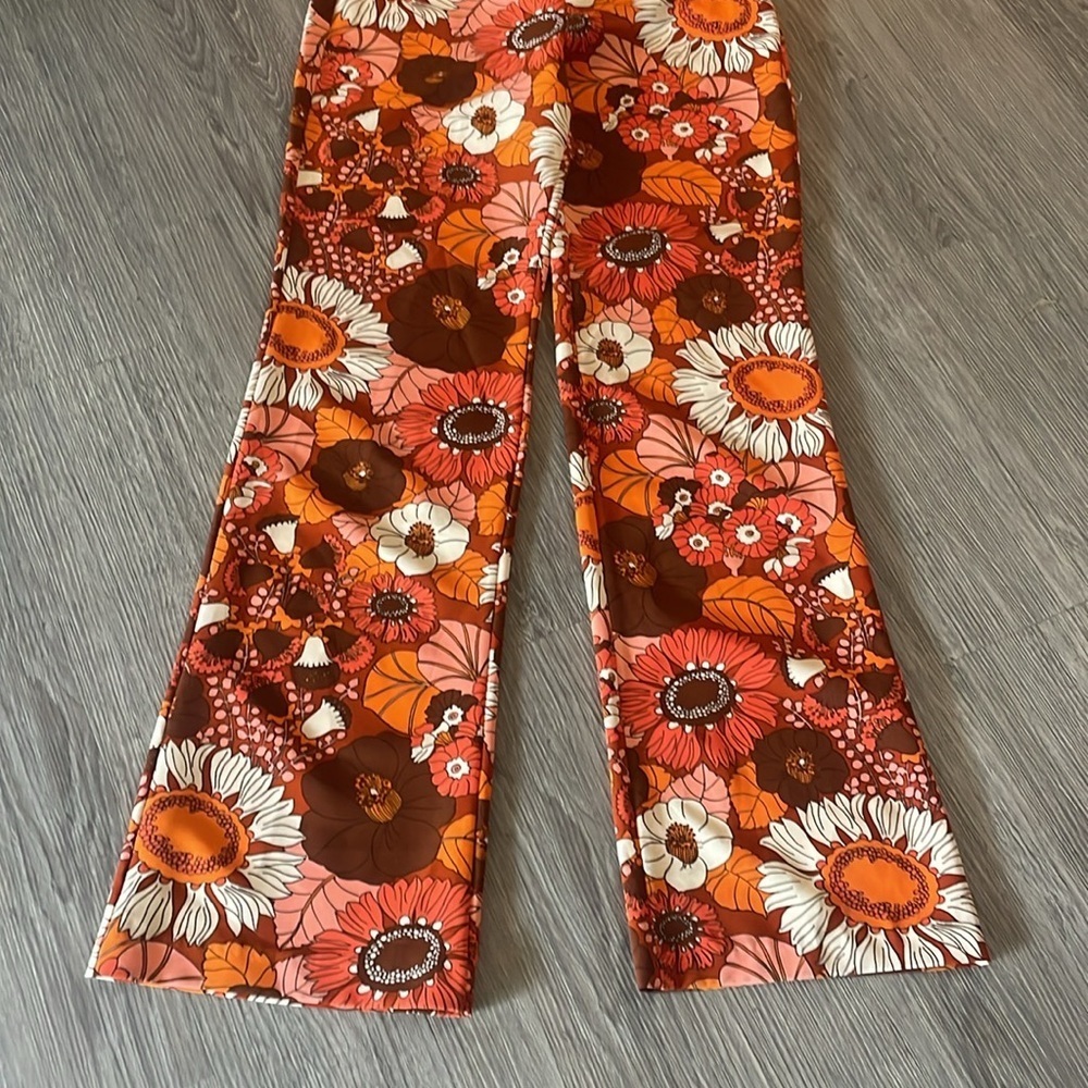 Zara Women's High Rise Orange & White Floral Retro Hippie Flare Pants Size L - Picture 4 of 11